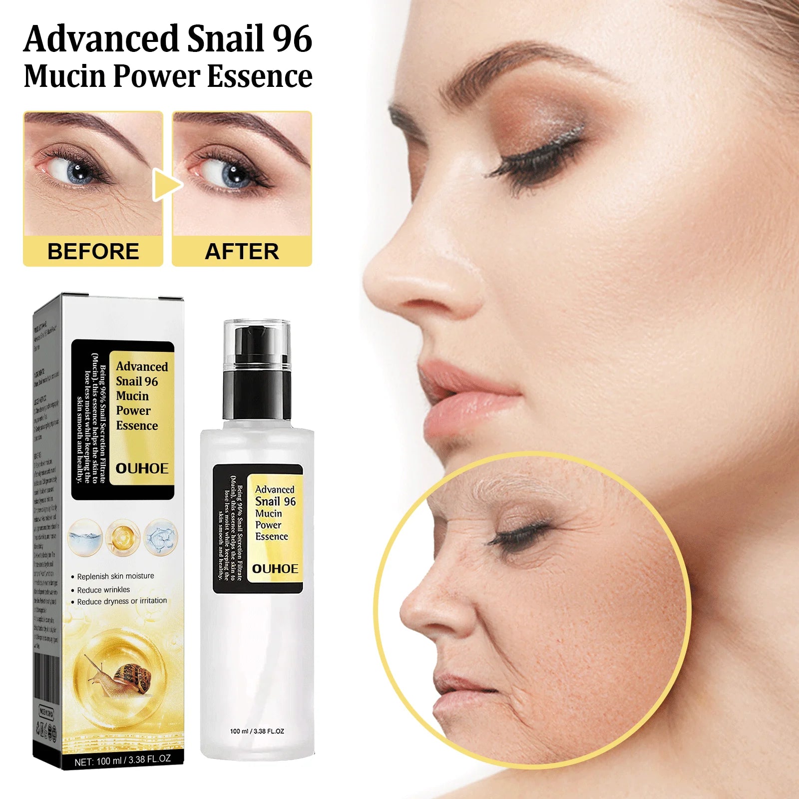 Advanced Skincare Anti Aging 96% Snail Mucus Skin Care Face Essence Solution Facial Whitening Repair Serum For Sensitive Skin