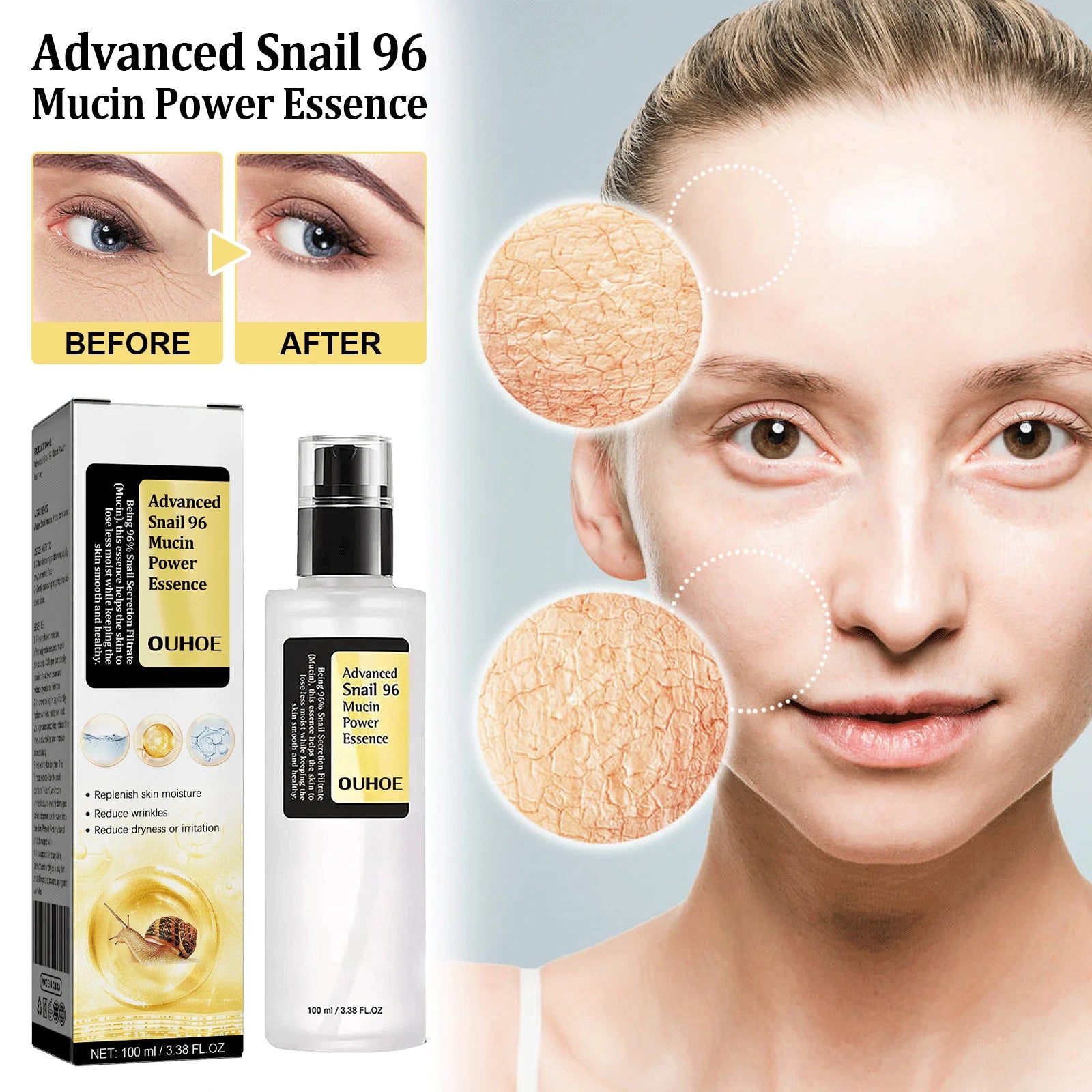 Advanced Skincare Anti Aging 96% Snail Mucus Skin Care Face Essence Solution Facial Whitening Repair Serum For Sensitive Skin